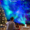 A man and a child are enjoying a starry night with an Astronaut Nebula projection lamp indoors.