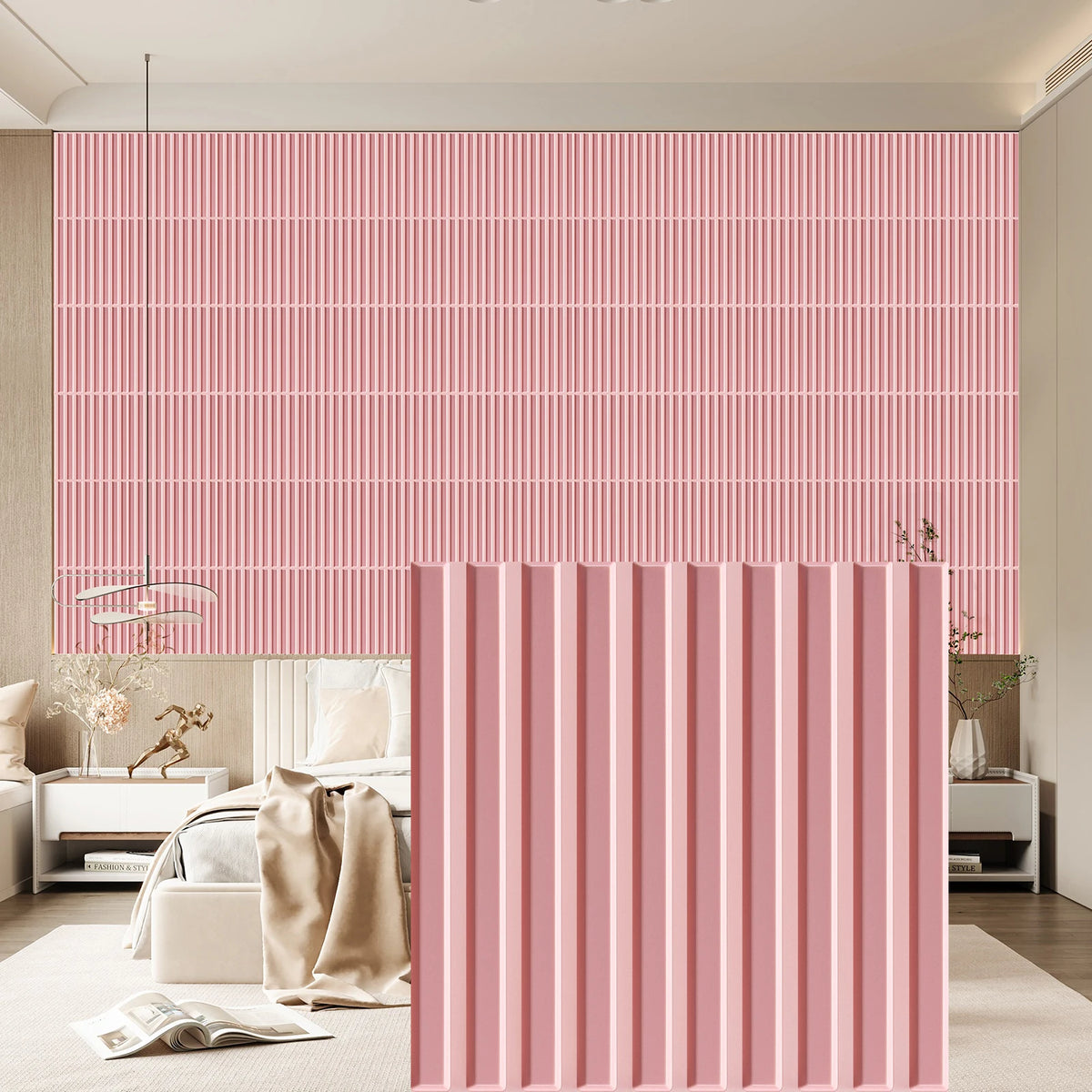 Pink vertical fluted PVC wall panels used as interior decor