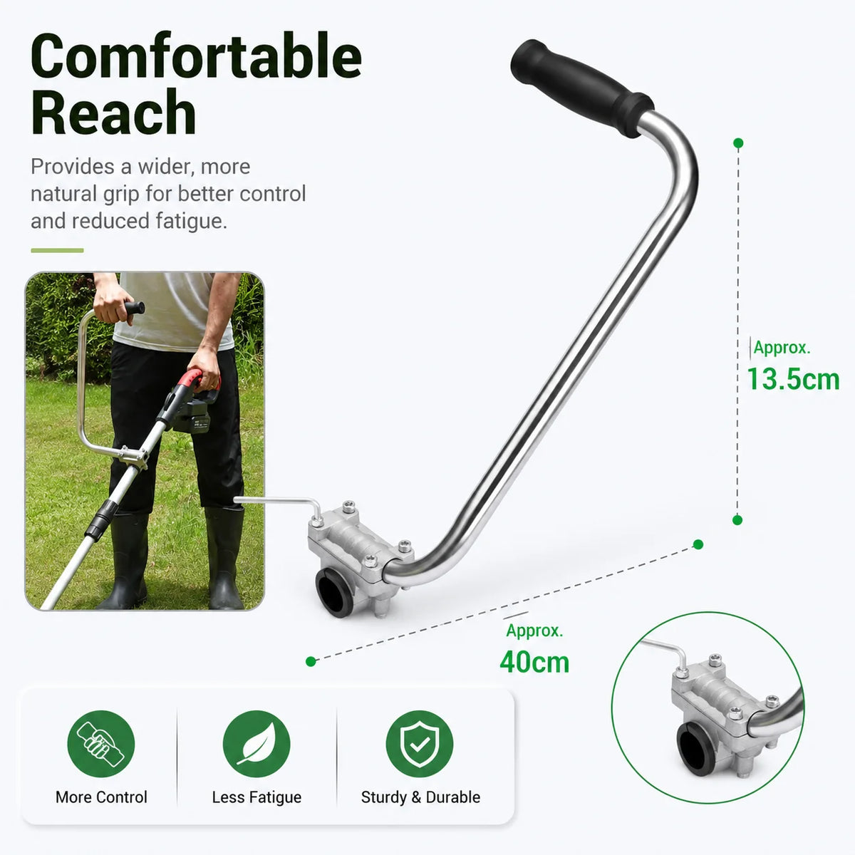 A close-up view of a silver ergonomic auxiliary handle for garden trimmers, highlighting its design features.