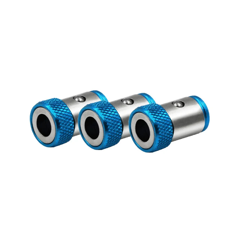 Ein Satz aus drei magnetischen Schraubendreher-Bit-Haltern in blauem und silbernem Finish.