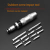 A stubborn screw impact tool and several precision screwdriver bits are shown on a dark background.