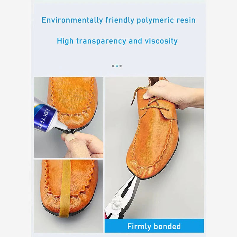 Une main applique une colle polymère respectueuse de l'environnement sur une chaussure en cuir, démontrant une grande transpa