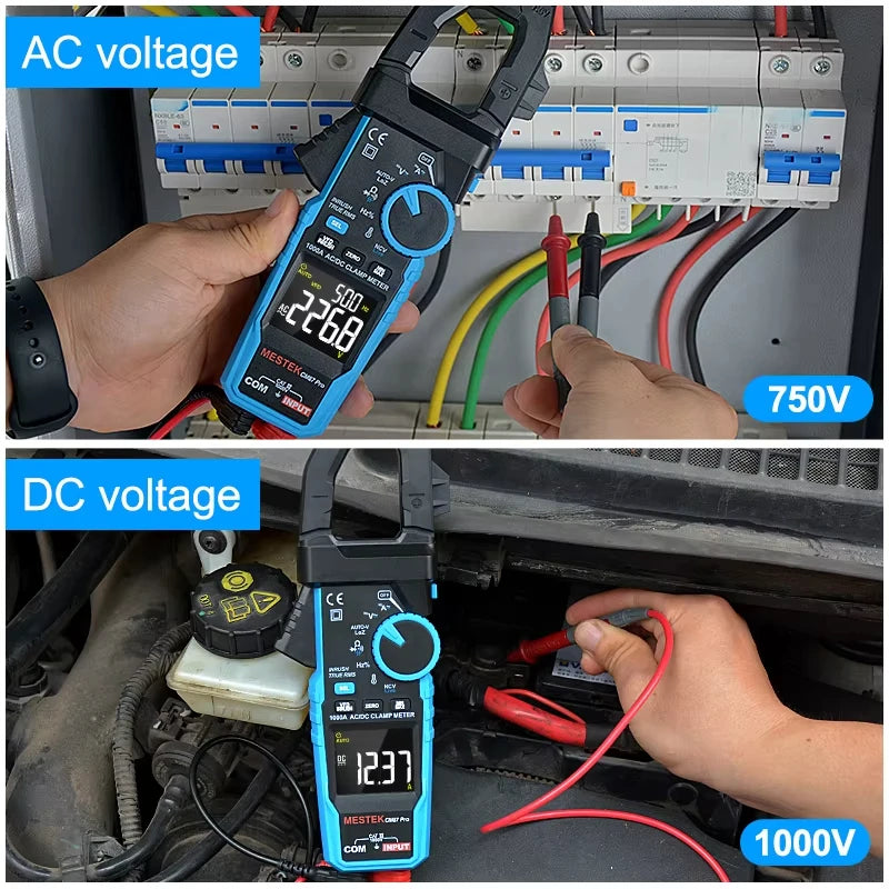 A hand holds a blue clamp meter measuring AC voltage and DC voltage in an electrical testing context.