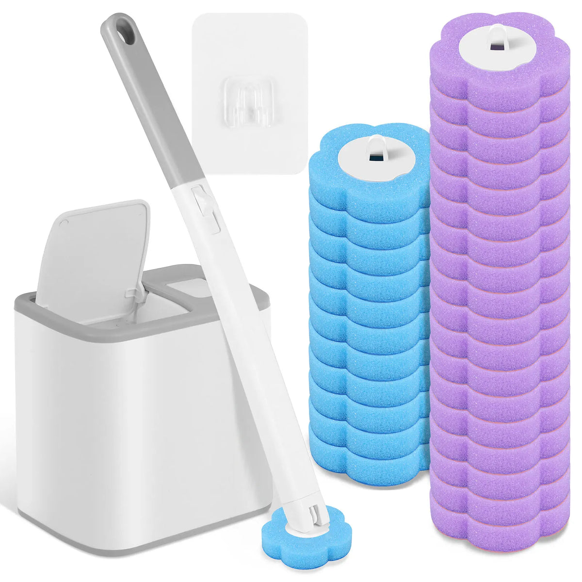 Kit de limpieza para inodoro reutilizable mostrando un cepillo largo, una cabeza de cepillo y dos esponjas limpiadoras morada