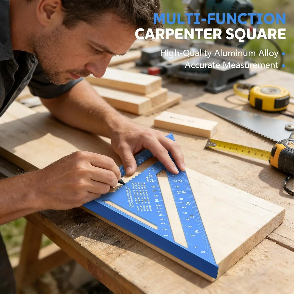 A man measures a wooden board with a blue aluminum triangle ruler and a yellow tape measure on a wooden workbench.