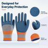 A pair of blue gardening gloves with an orange cuff, showing features like textured coating and flexible fit.