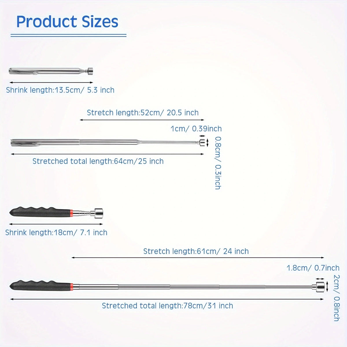 Diagram showing various shrink and stretched lengths of a telescopic magnetic gripper tool.
