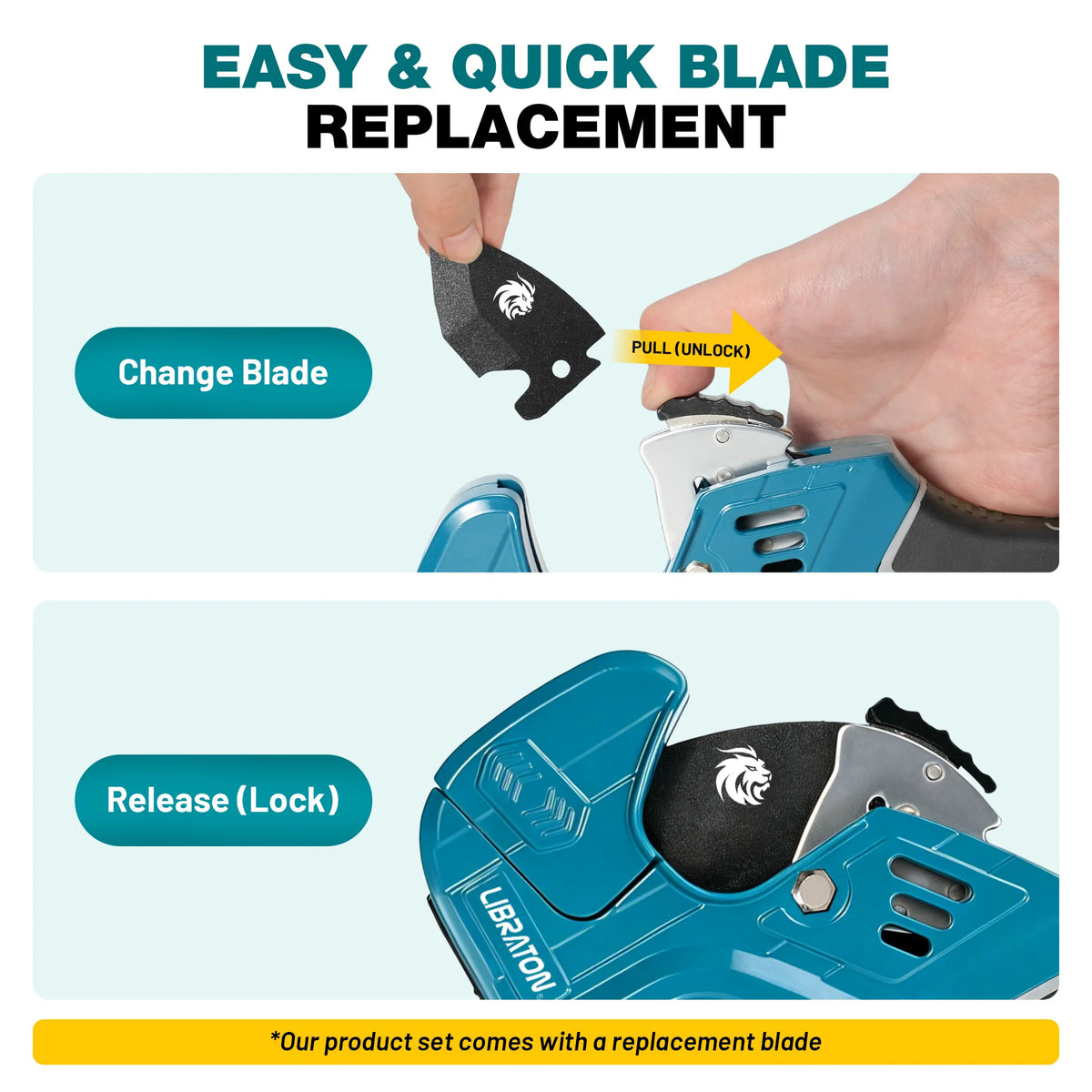 Demonstration of easy blade replacement on a tool, showing the process for changing and releasing the blade.