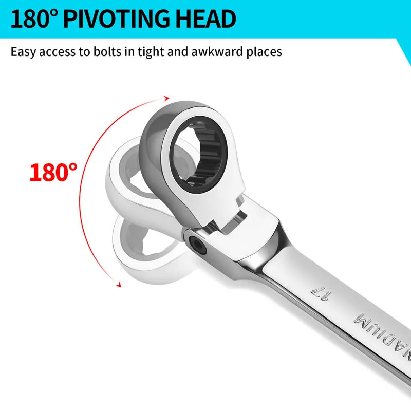 Close-up of an 180 degree pivoting head tool used for easy access to bolts in tight and awkward places.