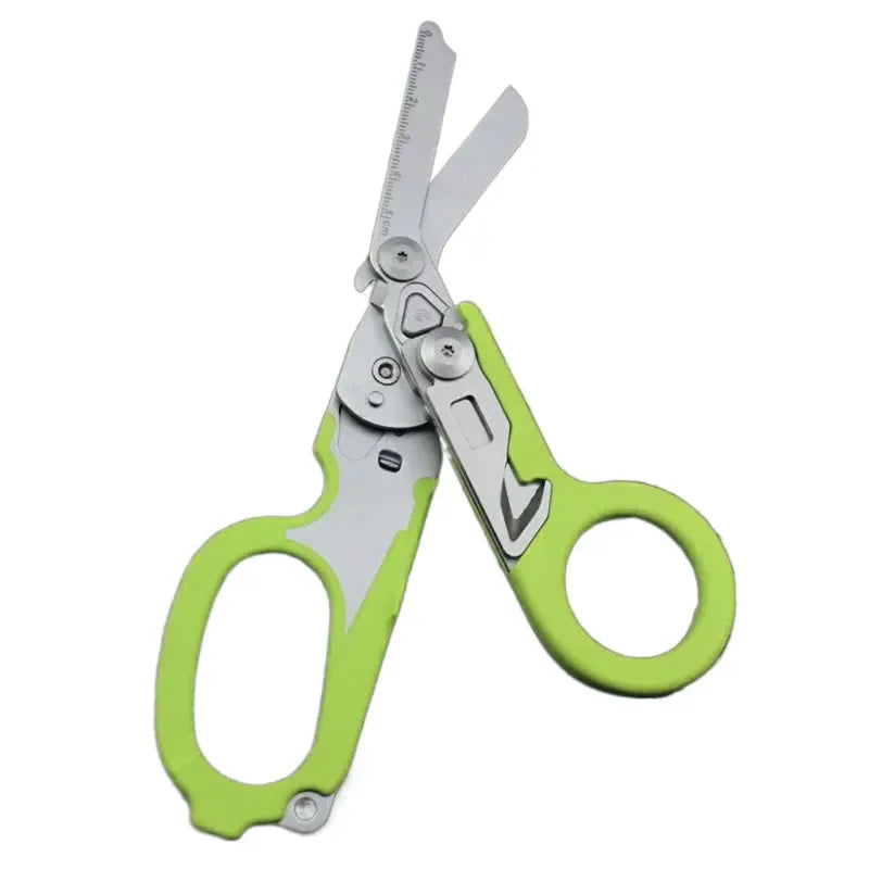 A pair of green tactical foldable shears with silver handles and blades.