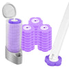 Kit de limpieza para inodoro reutilizable con cepillo de silicona morado y mango blanco.