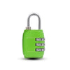 A bright lime green luggage lock with a silver padlock and a numeric combination dial.