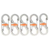 A set of five silver camping buckles with orange accents and security locks.