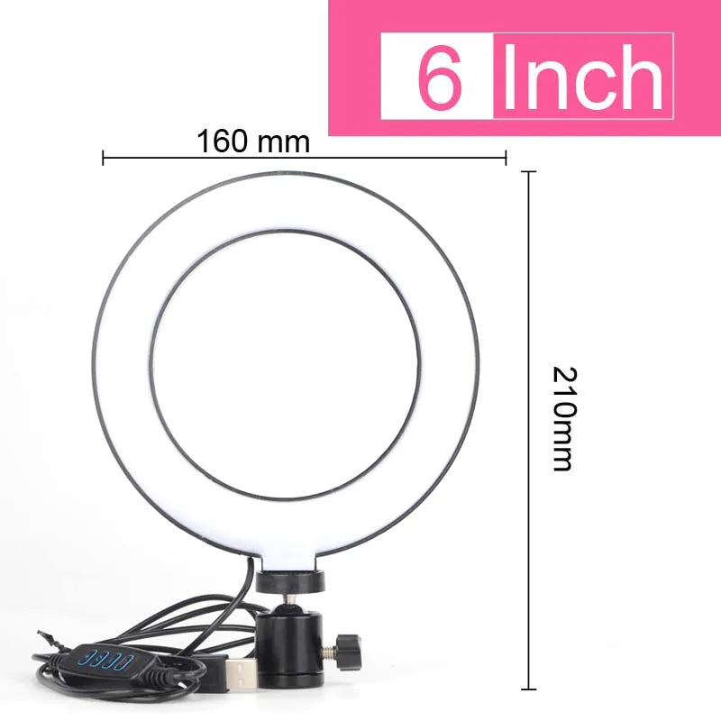 Luz de anillo LED circular con soporte flexible y cable de alimentación, junto a sus dimensiones.