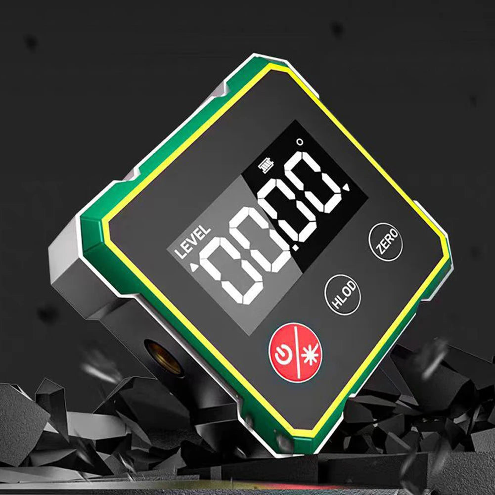 A digital angle finder inclinometer device with a black and green casing is shown against a dark background.