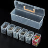 A clear plastic multi-compartment tool organizer box set with an open lid and several smaller compartments filled with variou