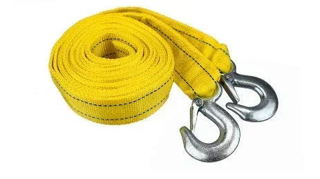 Yellow heavy duty tow rope coiled and displayed against a white background.