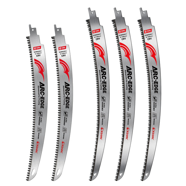 Four ARc-Edge reciprocating saw blades with 6TPI teeth and CRV certification shown side by side.