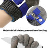 A set of stainless steel anti-cut safety gloves in gray and blue, shown in various close-ups and usage context.