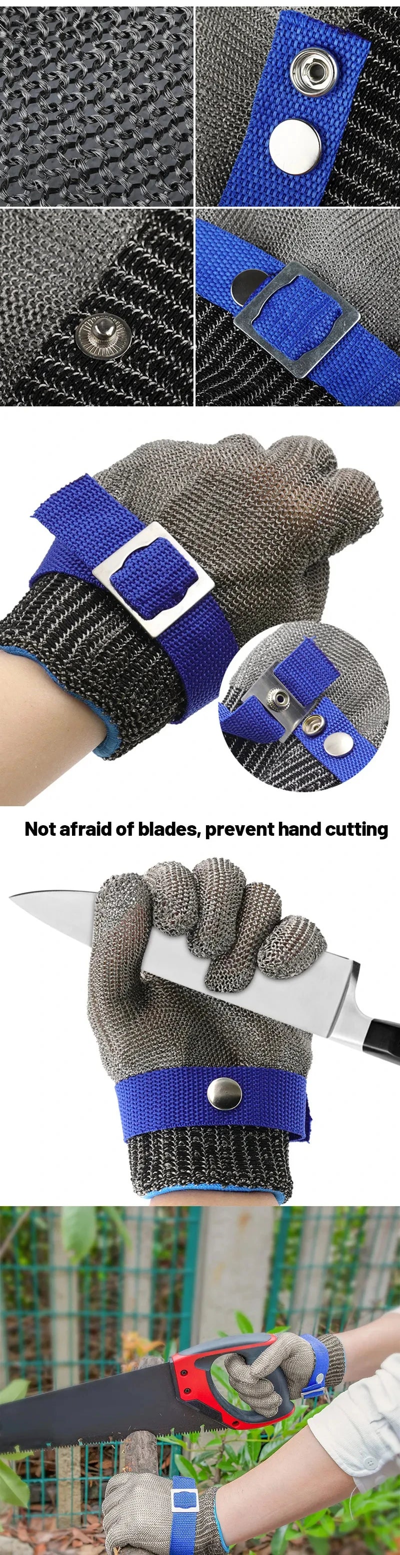 A set of stainless steel anti-cut safety gloves in gray and blue, shown in various close-ups and usage context.