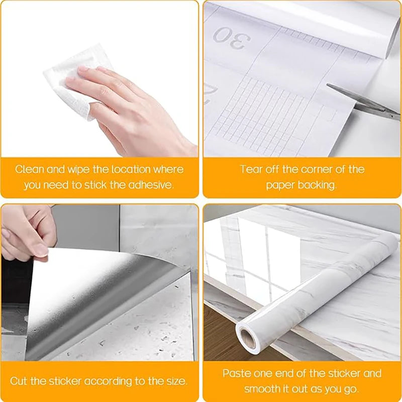 Instructions showing how to clean the surface, tear paper backing, and apply a pearlescent PVC self-adhesive sticker.