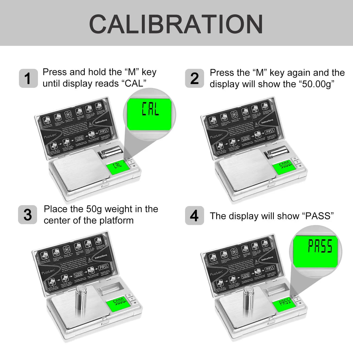 A four-step calibration process for a precision digital scale showing steps 1 through 4.