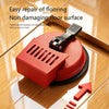 A red heavy duty floor gap repair tool is shown being used to tighten and tap wooden floors in two steps.