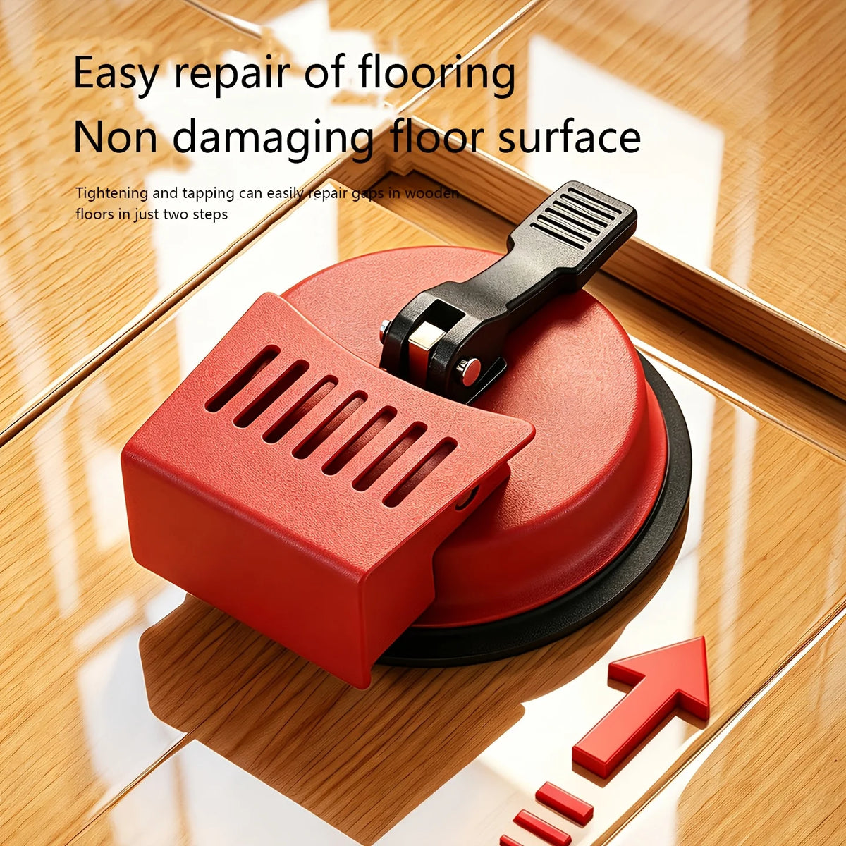 A red heavy duty floor gap repair tool is shown being used to tighten and tap wooden floors in two steps.