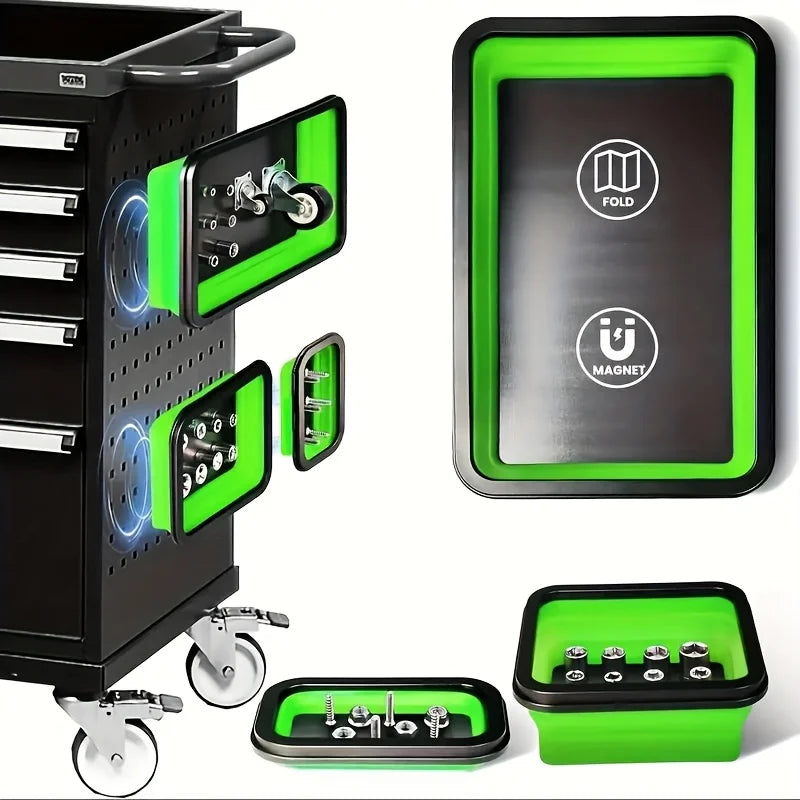 Un juego de bandejas para piezas magnéticas y un organizador de almacenamiento negro con detalles verdes.