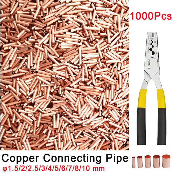 A close-up view of 1000 copper connecting pipes and a pair of pliers for wire and pipe joints.