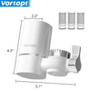 Bec de robinet filtre à eau blanc avec cartouches interchangeables, présenté en différentes tailles.