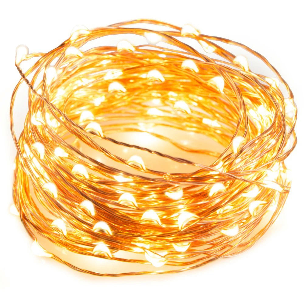 Un fil de fils de cuivre blanc chaud avec petites ampoules LED de guirlande féerique.