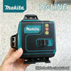 A hand holds a Makita 16-line professional green laser level tool.