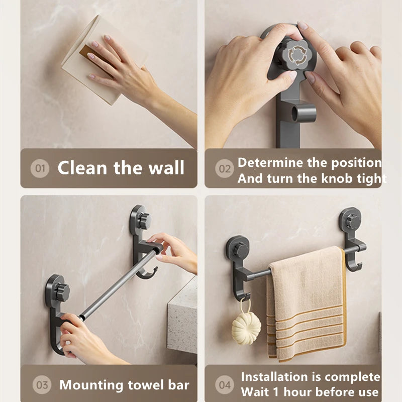 Step-by-step guide showing how to clean the wall, determine position and turn the knob tight, mount a towel bar, and complete