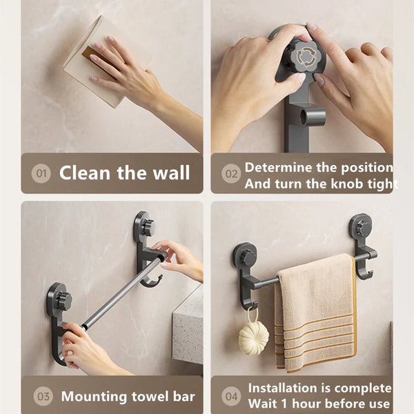 Step-by-step guide showing how to clean the wall, determine position and turn the knob tight, mount a towel bar, and complete