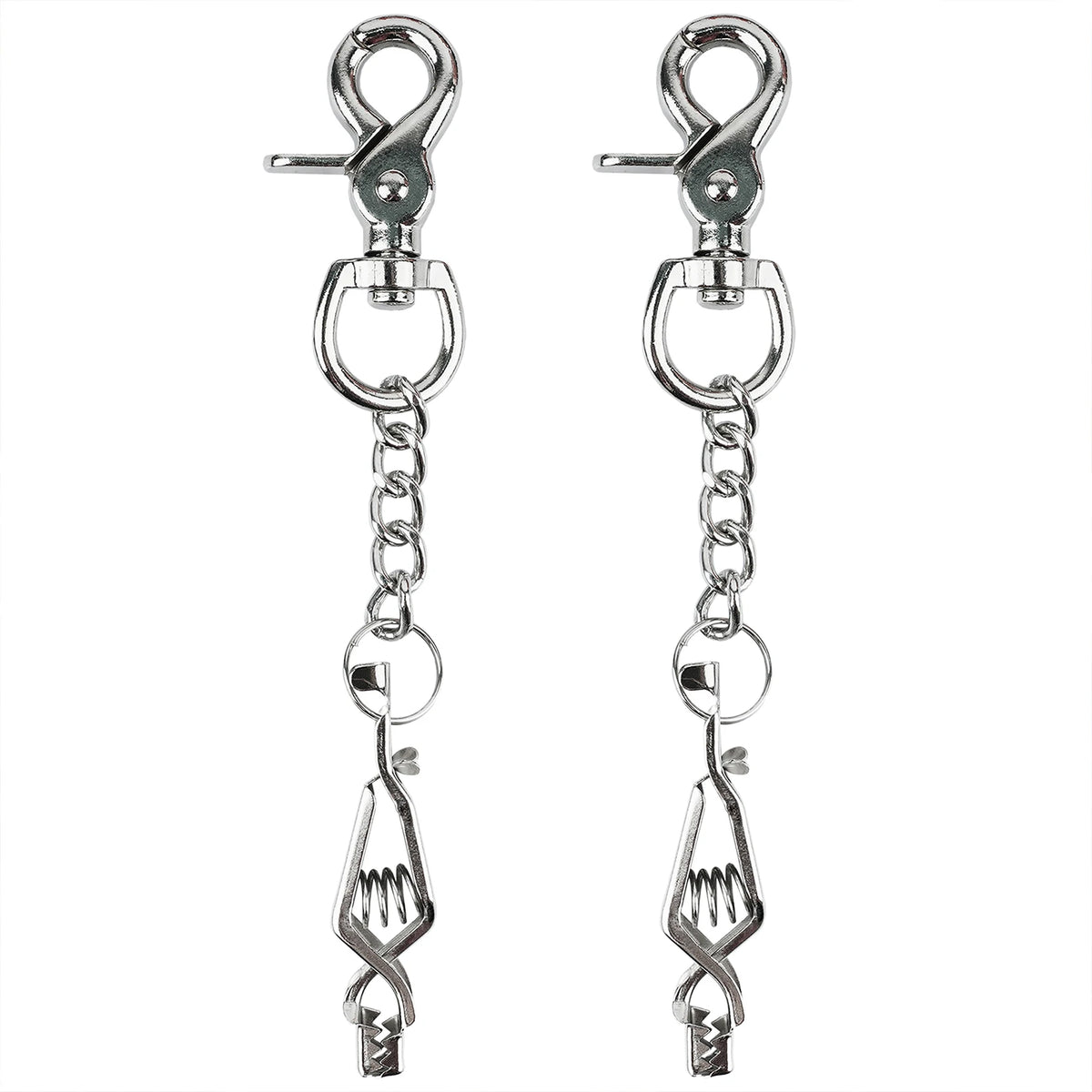 A pair of heavy duty metal glove clips for work and outdoor use.