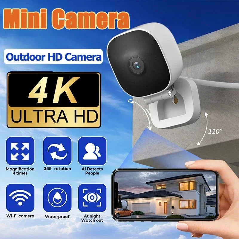 A white outdoor 4K HD security camera is shown mounted on a wall, with features like Wi-Fi connectivity and waterproof design