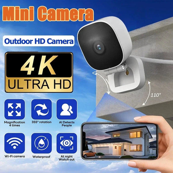 A white outdoor 4K HD security camera is shown mounted on a wall, with features like Wi-Fi connectivity and waterproof design