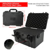 Boîte à outils portable noire avec insert de protection, vue sous divers angles et dimensions.