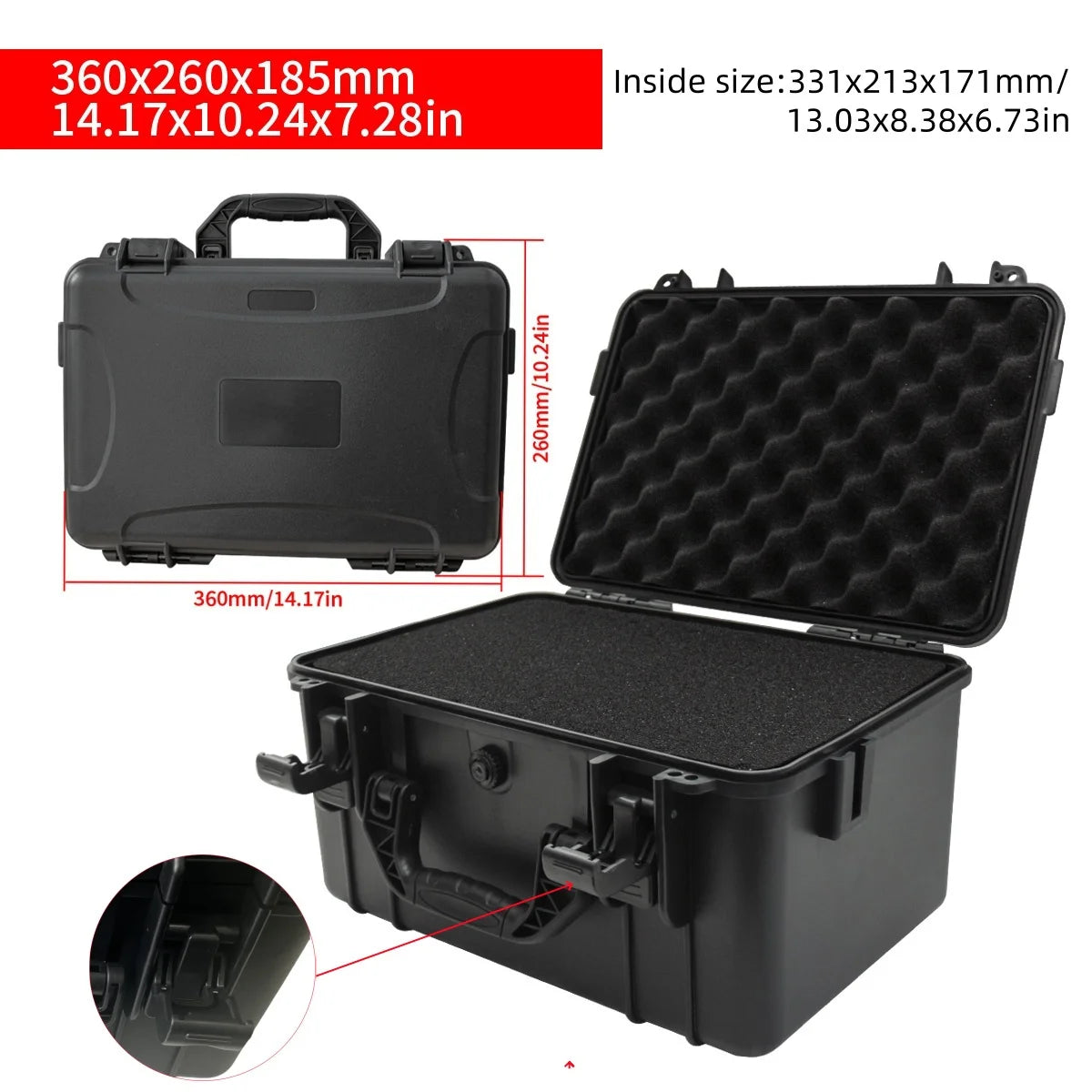 Boîte à outils portable noire avec insert de protection, vue sous divers angles et dimensions.
