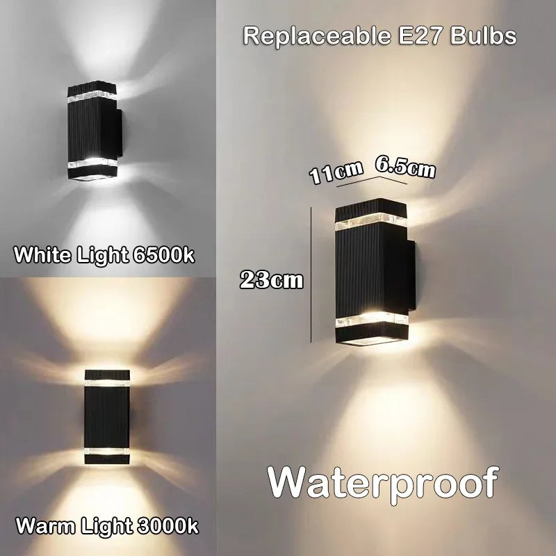 Set schwarze Wandleuchten mit weißer (6500K) und warmer (3000K) Lichtoption, hervorhebend austauschbare E27-Glühbirnen