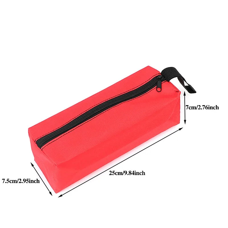 A red Oxford cloth hand-held storage bag with a black zipper and black strap.