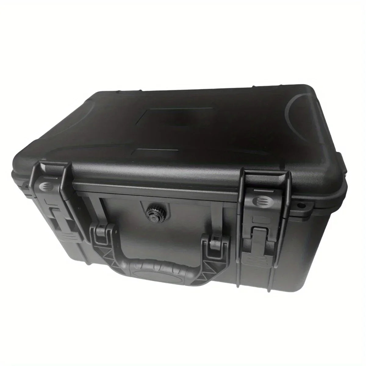Boîte à outils portable noire et durable avec insert protecteur, vue de dessus.