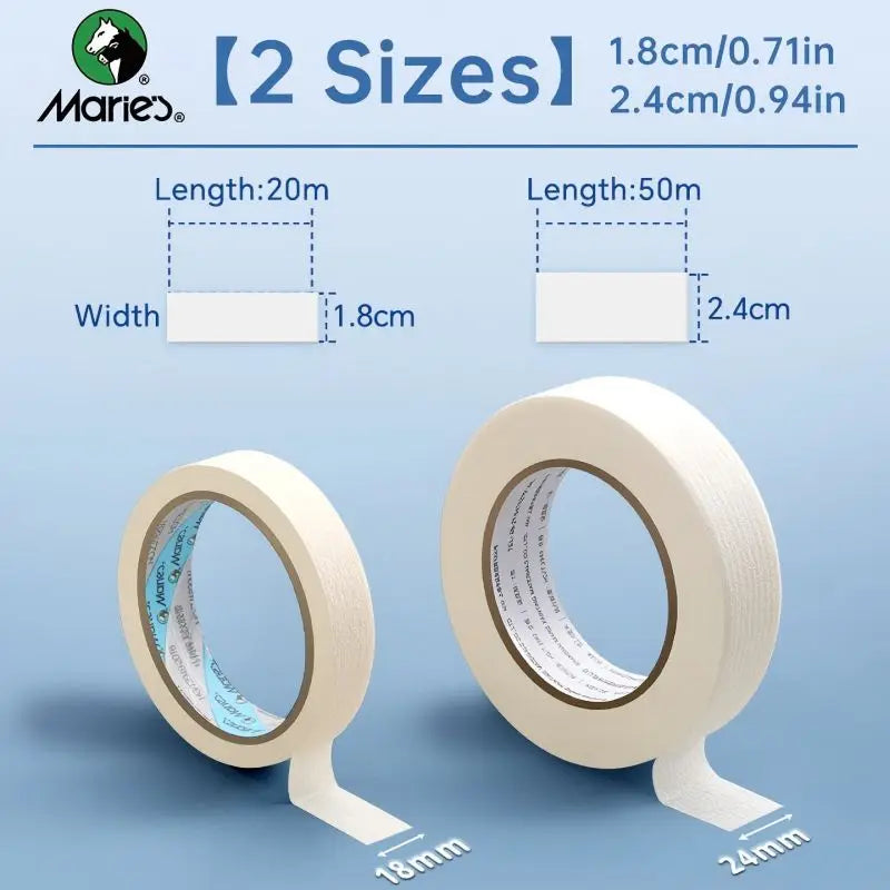 Two rolls of white masking tape are shown, with dimensions 1.8cm/0.71in and 2.4cm/0.94in.