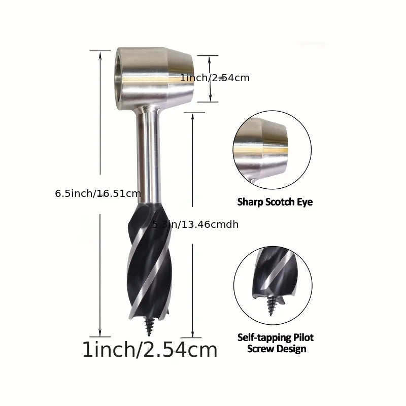 A silver and black woodworking auger drill bit set with a sharp Scotch eye and self-tapping pilot screw design.