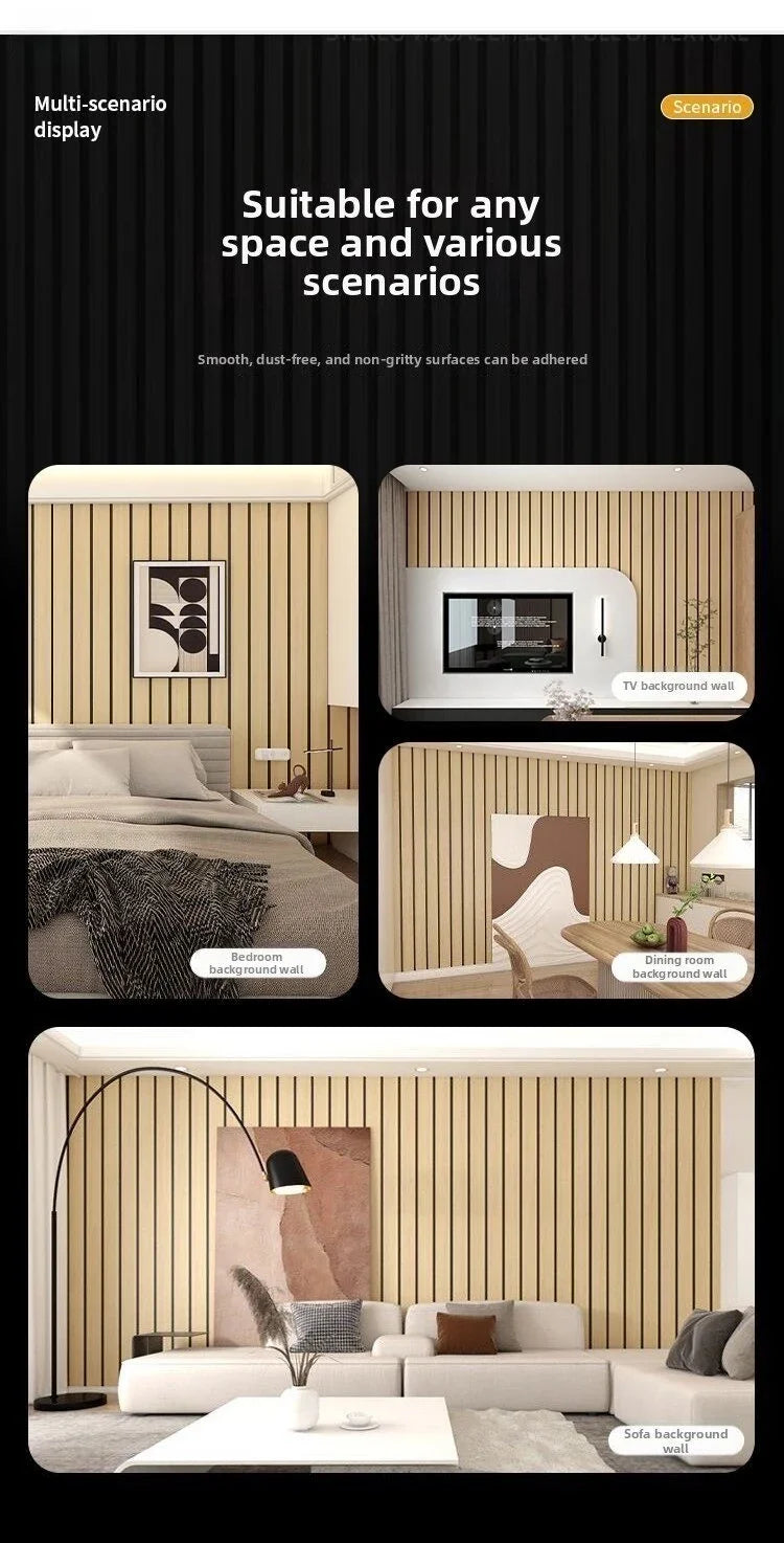 Exhibición de varios escenarios de calcomanías de pared de grano de madera falsa y autoadhesivas para diferentes espacios int