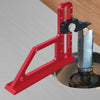 A red precision depth gauge with a 45-degree angle is shown next to a table saw blade.