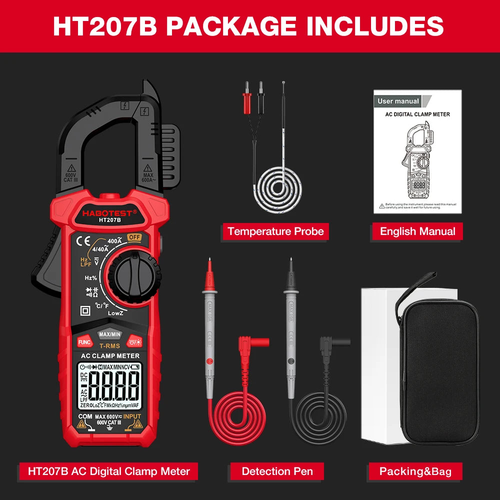 Image showing the HT207B AC Digital Clamp Meter, detection pen, and packaging bag.