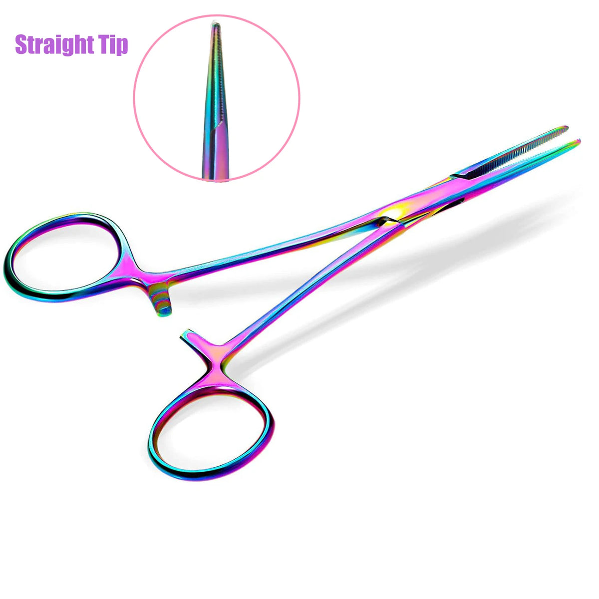 Rainbow titanium suture removal scissors shown with a close-up of the straight tip.