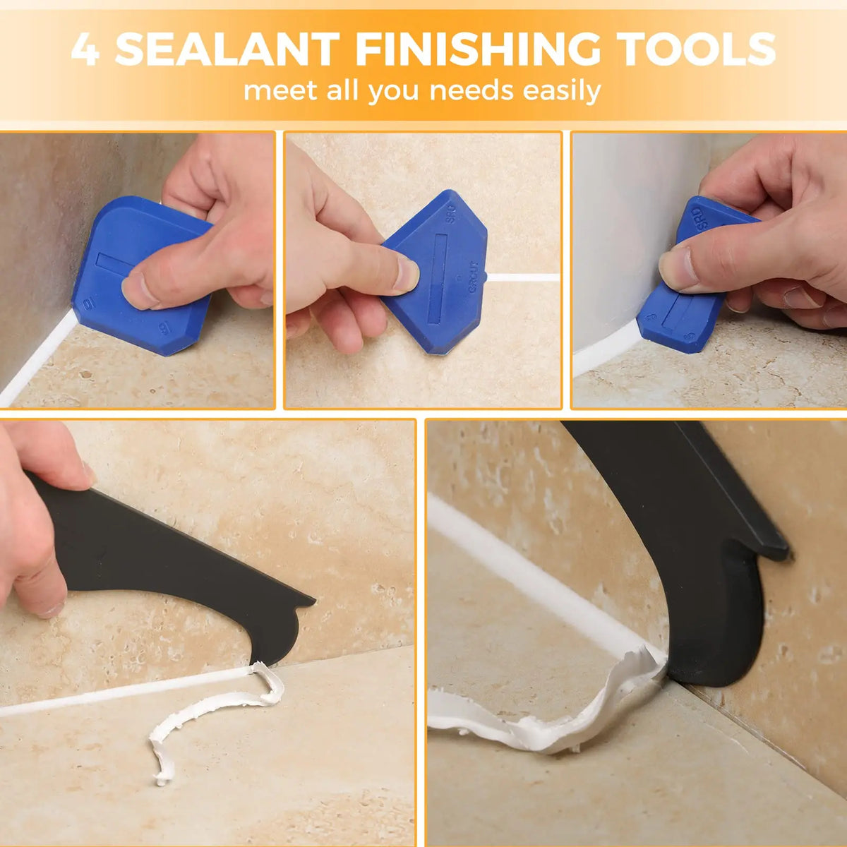 Four sealant finishing tools including a blue silicone caulk removal tool and a black scraping tool for easy sealing.